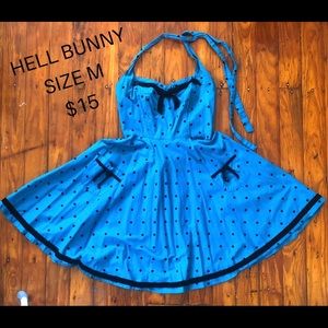 HELL BUNNY BLUE DOT JOLENE HALTER DRESS M